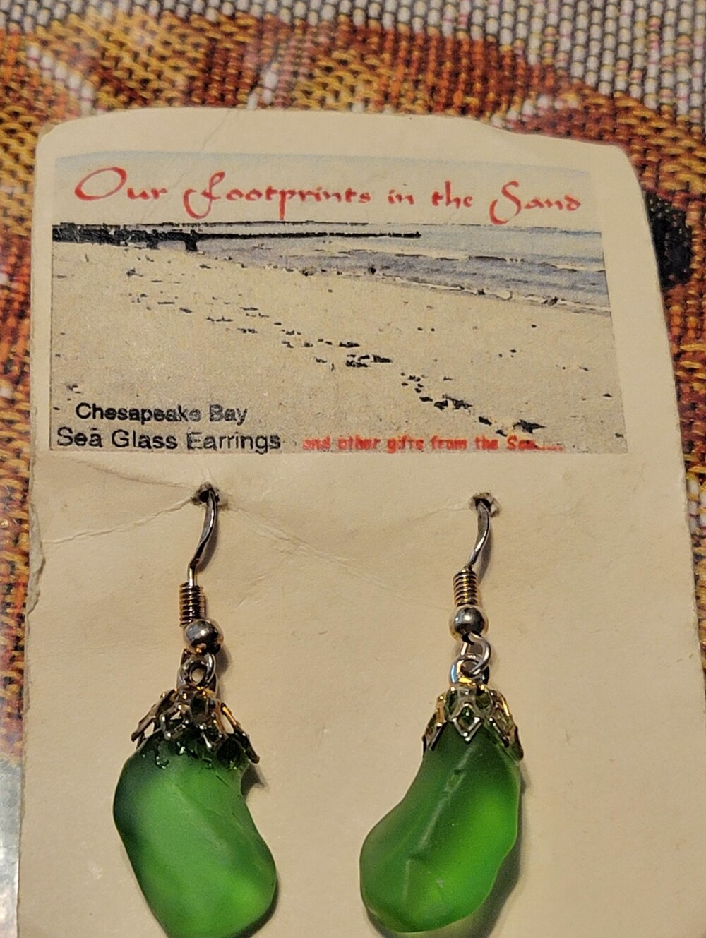 Chesapeake Bay Bright Green Sea Glass Drop Earrings with Silver Caps